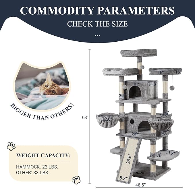 Allewie 68 Inches Cat Tree/House and Towers for Big Feline/Scratching Post/Multi-Level Large Kitty Climbing Tree with Condo/Light Grey