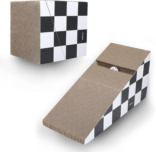 Cat Scratching Board with Ball, Triangle Cat Scratching Cardboard, Multiple Scratching Angles, 2-in-1 Scratching Lounge Bed, Recyclable and Durable, Furniture Protector, Black and White