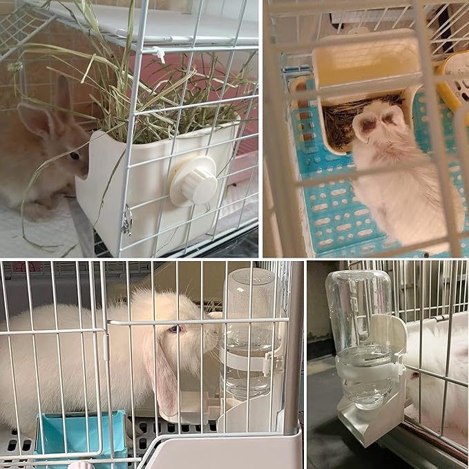 HERCOCCI Rabbit Hay Food Bin Feeder and Bunny Water Bottle Set, Hay Food Feeder Bowls Manger Rack with 500ml Hanging Water Dispenser Prevent Knock Over for Rabbit Guinea Pig Chinchilla (Large, White)