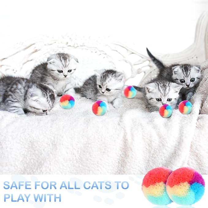 30 Pcs Soft Plush Cat Ball 1.2-inch Rainbow Cat Toy Balls Fuzzy Kitty Balls Kitten Puff Balls Colorful Cat Pom Pom Balls for Cat Kitten Pet Playing Exercising
