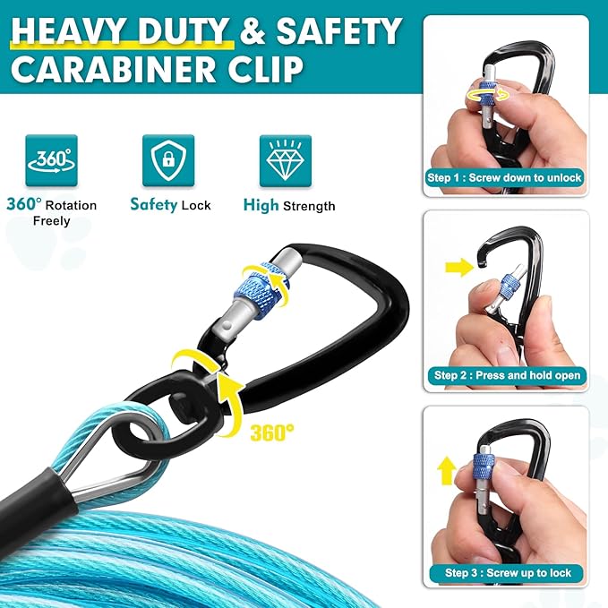 Snagle Paw Dog Tie Out Cable 30FT-1000LBS Break Strength,Heavy Duty Dog Leads for Yard with Shock Absorbing Spring & Swivel Hook,Long Leash Cable for Outdoor Tethering,Dog Line for Small Large Dogs