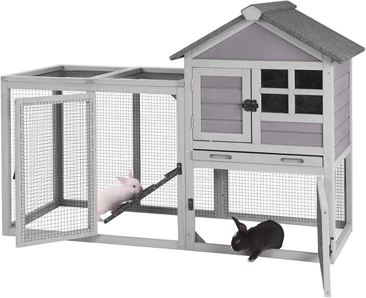 GUTINNEEN Rabbit Hutch Indoor Chicken Coop Outdoor, 51.6''L 2 Story Bunny Cage Weatherproof, Guinea Pig House with Run (Grey)