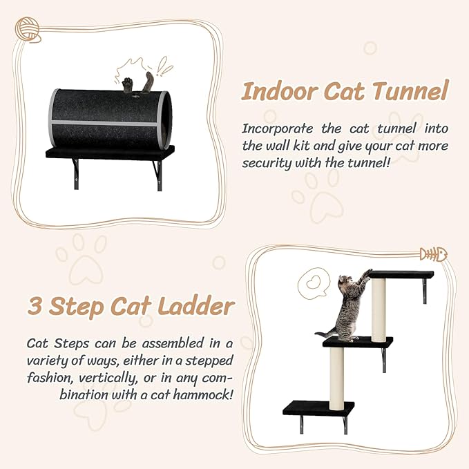 NUNU LAB Cat Wall Shelves Set, 7 Pcs Wall-Mounted Cat Climber with Cat House, Tunnel, Bridge, Scratching Post, Hammock, Wall Shelves, Black