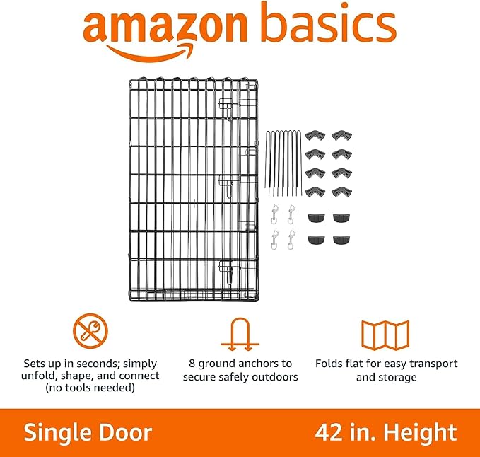 Amazon Basics Foldable Octagonal Metal Exercise Dog Playpen - Indoor/Outdoor, Single Door, Large (8 Panels, 24 x 42), Easy to assemble and store, 42" - Large, Black