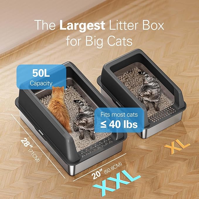 Zarler XXL Stainless Steel Litter Box for Cats, Extra Large Metal Cat Litter Box with Lid, High Sided Non-Stick Design, Leak Proof and Rust Resistant, 28 x 20 x 13 Inches, Black