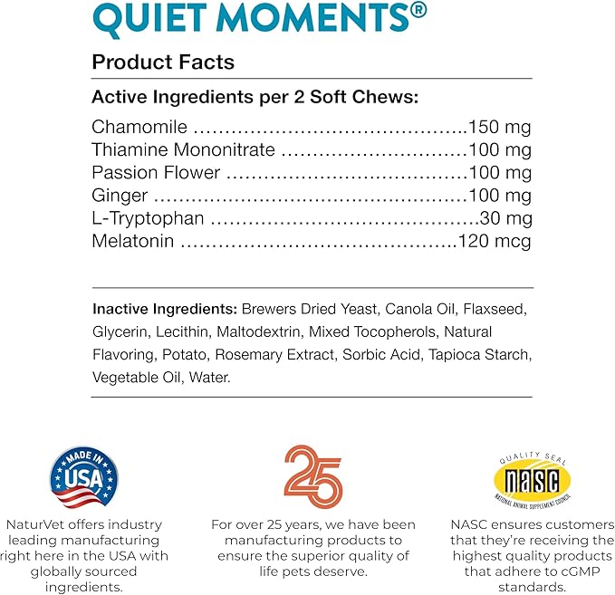 NaturVet Quiet Moments Calming Dog Supplement, Dog Soft Chews with Melatonin to Help Reduce Stress from Storms, The Vet, Fireworks, and Travel, Bacon and Chicken Flavored Pet Supplement, 65 Count