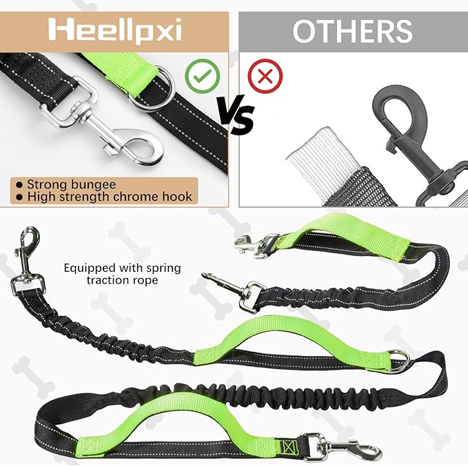 Hands-Free Waist Leash with Pouch for Two Dogs: Reflective Stitching, Dual Handle & Bungee Retractable Design – Ideal for Medium to Large Dogs (Green) – Dog Walking Accessories