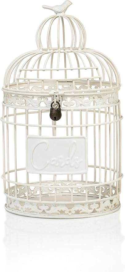 Red Co. 9.5” Dia Round Decorative Rustic Lockable Metal Birdcage Wedding Card Holder, White