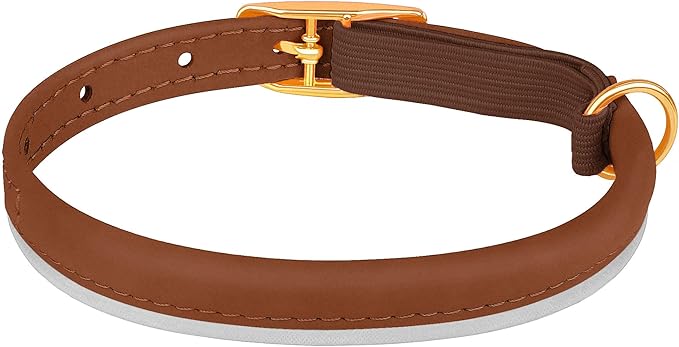 OOPSDOGGY Rolled Leather Cat Collar with Bell - Reflective Kitten Collar with Safety Elastic Strap - Adjustable Small Pet Collars for Boy Girl Cats (Brown)