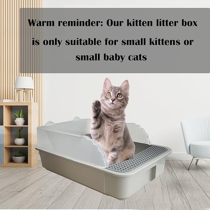 kathson Open Small Cat Litter Box with High Side,Anti-Splashing Kitten Litter Pan,Semi-Enclosed Removable Kitty Cat Toilet with Litter Sifting Scoop for Boxes Easy to Clean No Odor-Grey