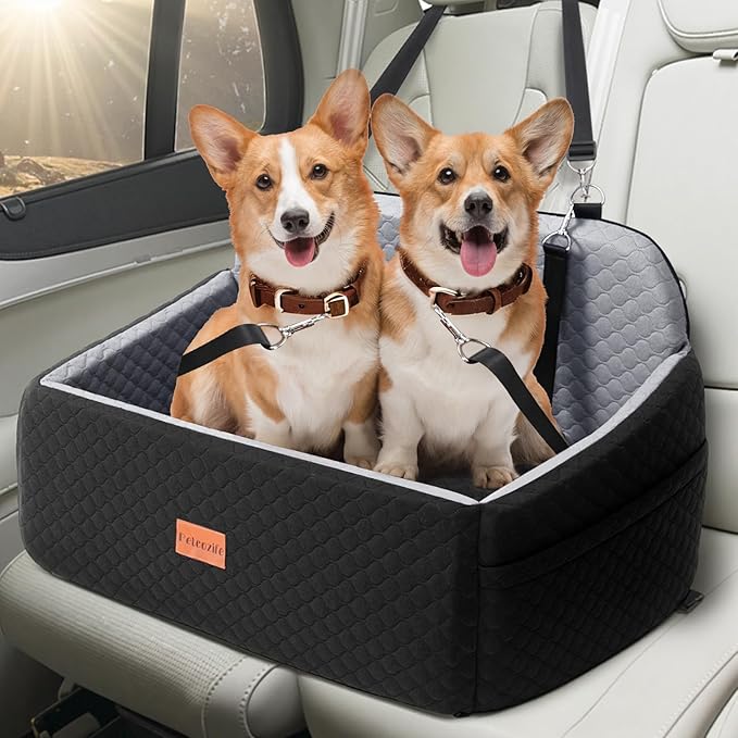 Dog Car Seat for Large Medium Dogs, Pet Car Seat Under 55 lbs or 2 Puppies, Removable Washable Pets Travel Booster Bed for Automotive Backseat with Comfy Thick Cushion, 2 Safety Leashes(Black/Gray)