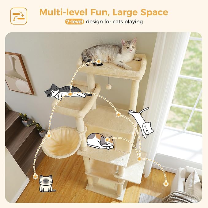 PAWZ Road Large Cat Tree, 73 Inches Tall Cat Tower with 1 Large Padded Perch,2 Spacious Hammocks,8 Long Scratching Posts, XL Plush Cat Condo for Indoor Adult Cats,Beige