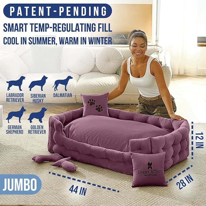 Luxury Dog Bed Chesterfield – Handcrafted Velvet Throne for Dogs | Joint Support, Calming & Temp-Regulating Comfort | Durable 5+ Years, Anti-Claw, Washable 100+ Times – XL, Purple