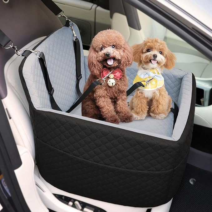 Dog Car Seat for Small & Medium Dogs Under 35lbs, Detachable & Washable Pet Car Seat, Interior Height 6 Inches Pet Travel Bed with Storage Pockets and 2 Dog Safety Belts (Black/Gray)