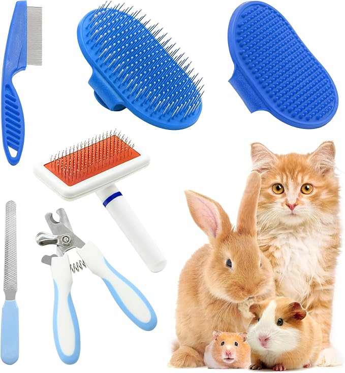 Pet Grooming Kit with Slicker Brush Bath Massage Glove Brush Pet Shedding Comb Nail Clipper Trimmer 6 Piece Set for Rabbit Kitten Guinea Pig Cat Chinchilla Ferret Small Animals