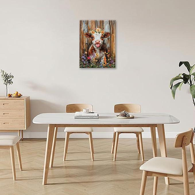 Funny Cow Bathroom Pictures Wall Art, Rustic Brown Cute Cow Bathroom Wall Decor, Farmhouse Floral Framed Painting Animal Flower Canvas Artwork for Bedroom Living Room Decorations 20"L x 16"W