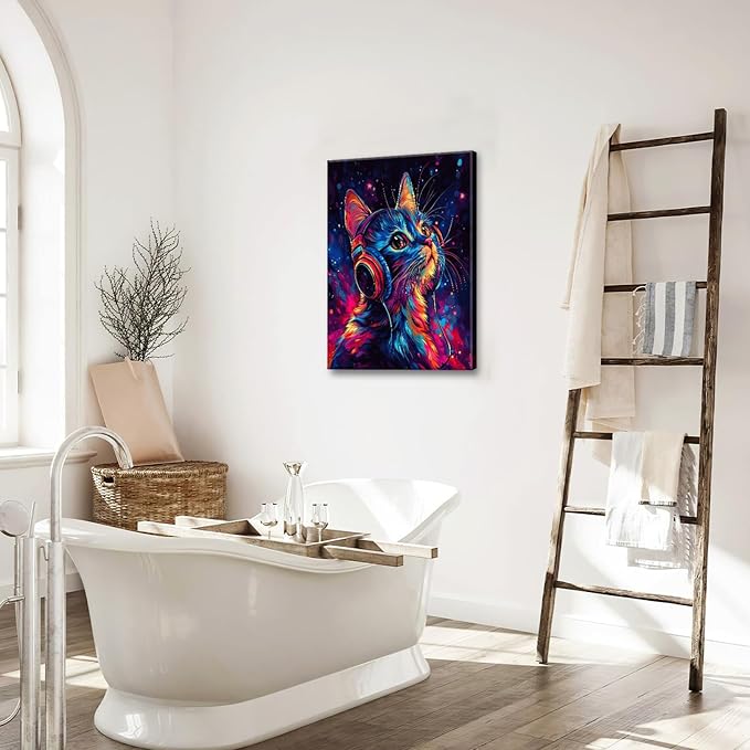 Cat Wall Art Canvas Fantastic Animal Wall Decor Prints Framed Painting Colorful Pictures Gifts Artwork for Bathroom Living Dining Kitchen 16"x24"