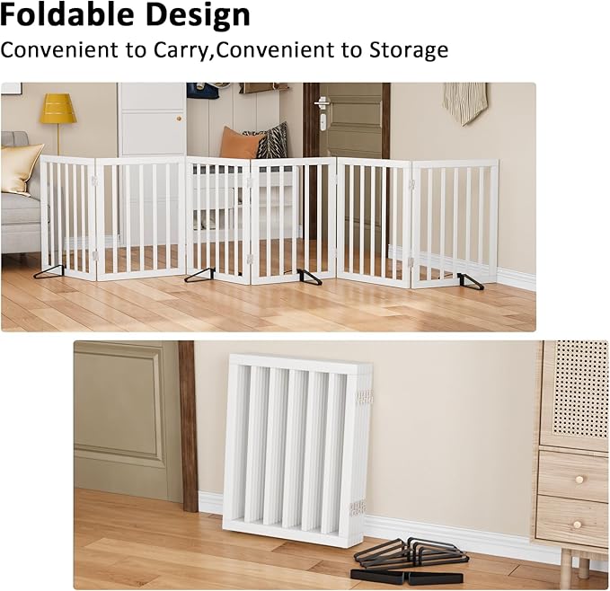 Wooden Dog Gate Freestanding Foldable 6 Panel Pet Gates Extra Wide Dog Gates for Indoor Doorways Stairs 24in Height Support Feet Included