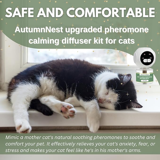 Cat Calming Pheromones Diffuser Kit with Timer – 2 Plug-Ins + 4 Refills (48ml) – 4-Level Timing – Stress Relief for Cats – Helps with Hiding, Scratching, Urine Marking, Travel, Vet Visits