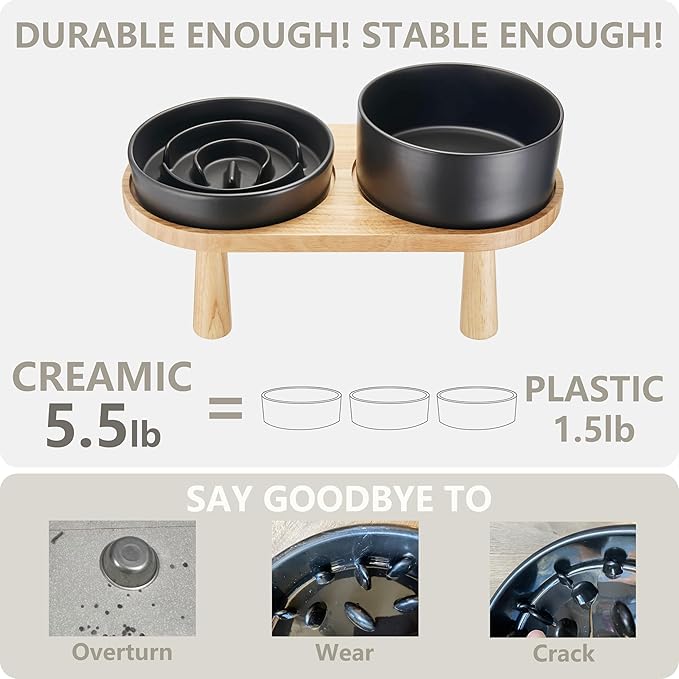 Ceramic Slow Feeder and Water Bowl Set for Small Dogs, Ceramic Dog Bowls Elevated with Wooden Stand, 0.6 Cups Dog Slow Feeder(14oz) and 30oz Water Bowl Set, Black