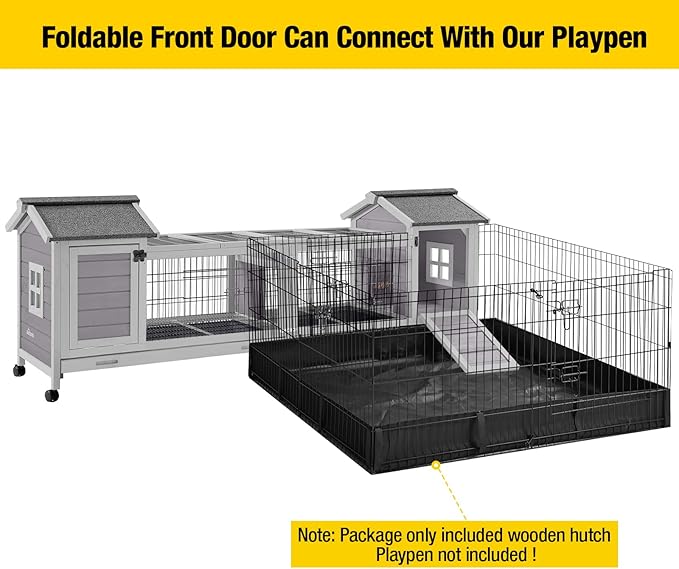Aivituvin Rabbit Hutch Bunny Cage with Double House and Run Indoor Outdoor Guinea Pig House with Deeper No Leak Trays and Wheels