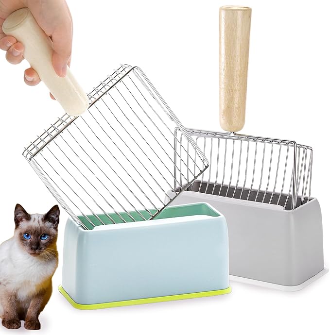 Hiceeden Set of 2 Cat Litter Scoop with Holder, Metal Kitty Litter Scoop Holder with Wooden Handle, Cat Poop Scooper for Kitten Litter Box, Fast Sifting, Gray and Blue