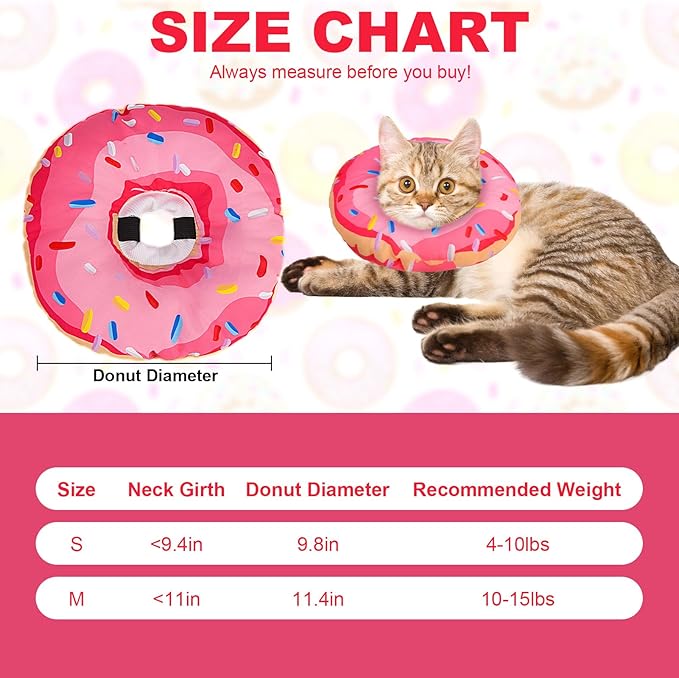 BINGPET Cat Cone Collar Soft,Waterproof Cat Recovery Collar to Stop Licking,Cute Donut Elizabethan e Collar for Cats Kittens Puppies Wound Healing After Surgery(Donut Pink,Medium)