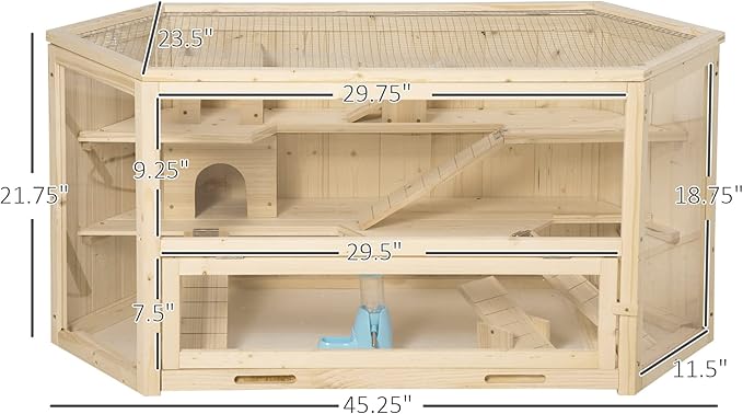 PawHut Wooden Large Hamster Cage Small Animal Exercise Play House 3 Tier with Tray, Seesaws, Water Bottle, Activity Center, Natural