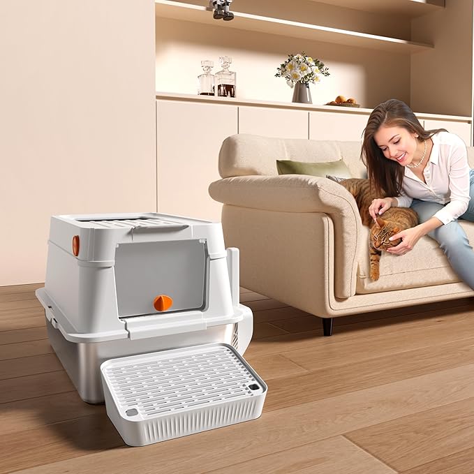 XL Stainless Steel Cat Litter Box with Easy-Open Lid, AOTRUTII Enclosed Metal Litter Box for Big Cats, Front Entry & Top Exit, High Sided, Anti-Leak, Non-Stick, Easy to Clean, Includes Scoop