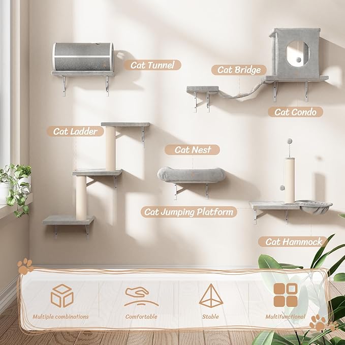 NUNU LAB 7-in-1 Wall Mounted Cat Climber Set, Cat Furniture Set with House, Tunnel, Bridge, Tree, Steps, Scratcher Board, Hammock, Luxury Wall Shelves for Indoor, Gray