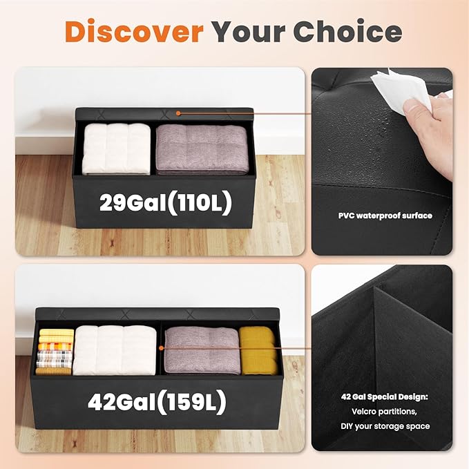 Sweetcrispy 43 Inches Folding Ottoman with Storage Bench, Foot Rest Stool, End of Bed Storage Bench Upholstered, Load 660 lbs, for Living Room, Lychee Grain Leather, Black