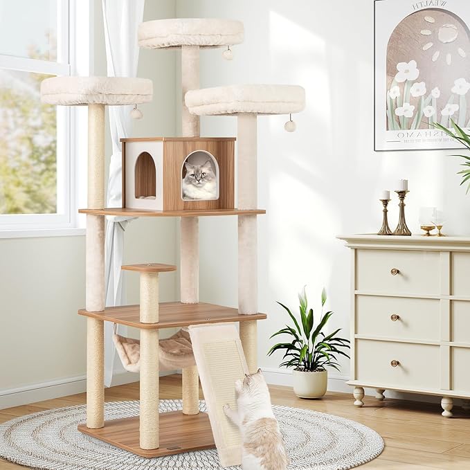 PETSITE 68 Inch Modern Tall Cat Tree for Indoor Cats, Multi-Level Wooden Cat Tree Tower with Sisal Scratching Posts, 3 Top Perches, Cat Condo, Comfy Hammock, Sisal Ramp, and Jingling Balls