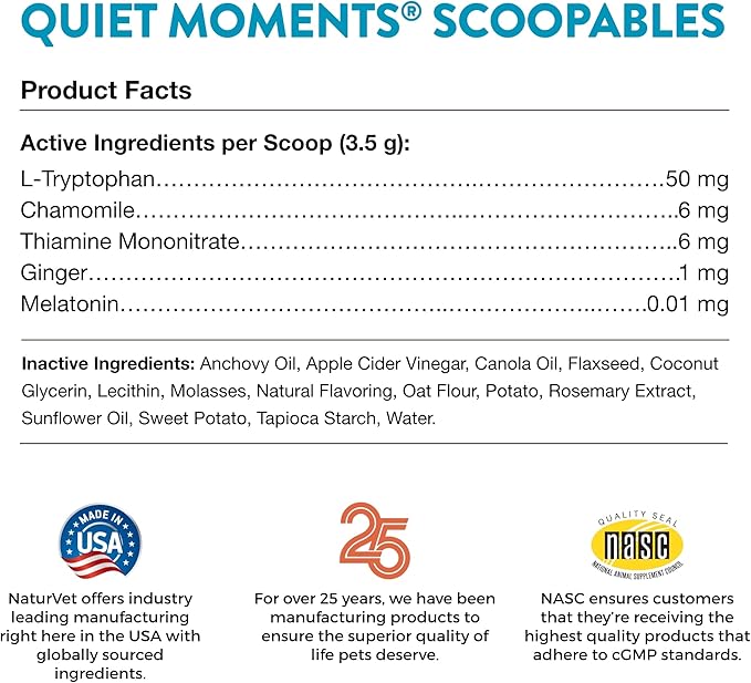 NaturVet Scoopables Quiet Moments Cat Calming Aid - Promotes Calm with Stressful Events Storms, Fireworks, Travel, Separation Anxiety - Cat Health Supplement w/Melatonin - Salmon Flavored | 5.5oz Bag