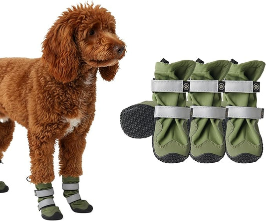 Spark Paws Dog Shoes, Waterproof Dog Boots for Medium to Large Dogs, Non Slip, Breathable Dog Booties and Paw Protectors - 4PCS Doggie Hiking Boots with Reflective Straps - Green - Size 4