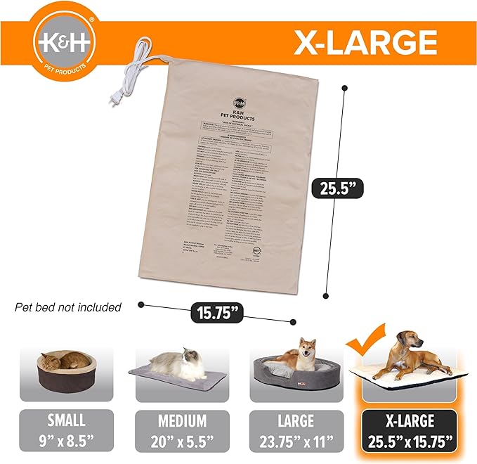 K&H Pet Products Pet Bed Warmer, Turn Any Pet Bed Into a Heated Cat or Dog Bed, Waterproof Indoor Heated Warming Pad Insert, Automatic Temperature, Safety Listed - Extra-Large 25.5 X 15.75in Tan