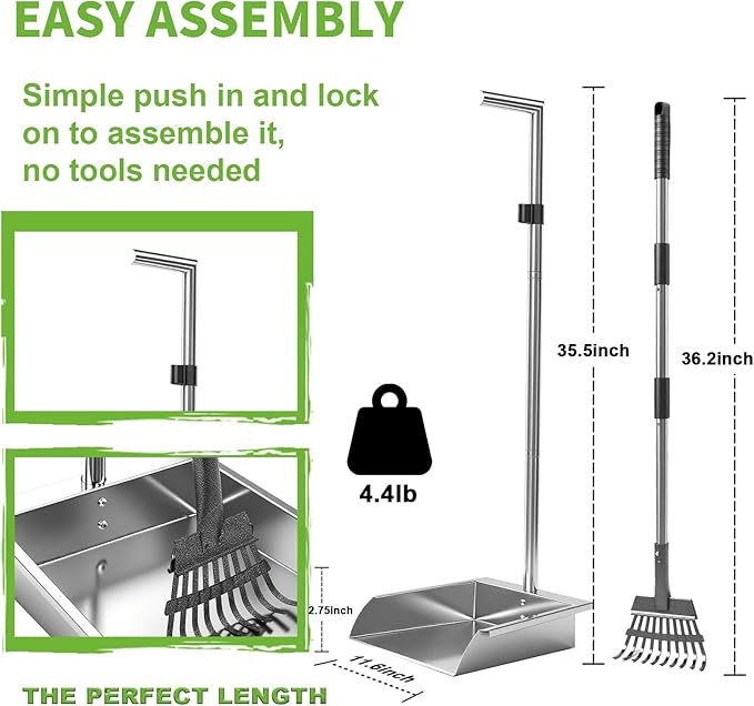 Heavy Duty Metal Pooper Scooper, Dog Pooper Scooper for Large Medium Dogs Long Handle Stainless Tray and Rake Set，Extremely Durable Metal Stainless Steel Dustpan for Indoor Outdoor Cleaning 。