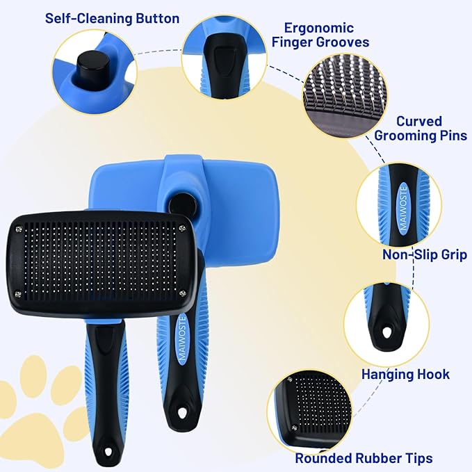 Large Self Cleaning Deshedding Brush for Dogs & Cats - One Button Hair Release Grooming Tool, Gentle Massage Brush for Long and Short Hair (Blue)