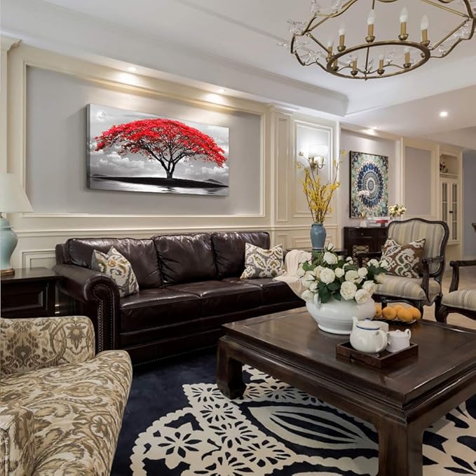 canvas wall art for living room bathroom Wall Decor Black and white landscape red tree moon scenery Hang painting Home Decorations for office bedroom kitchen Works canvas Prints pictures 20" x 40"inch