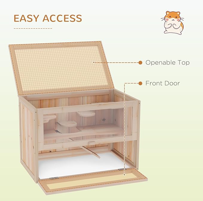 PawHut 2-Level Hamster Cage Mice and Rat House, Small Animal Habitat for Chinchillas with Openable Top, Front Door, Shelf and Ladder, Natural