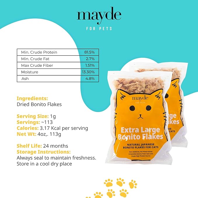 Mayde Bonito Flakes for Cats & Dogs, All-Natural High-Protein Treats, Extra Large 4oz Bag