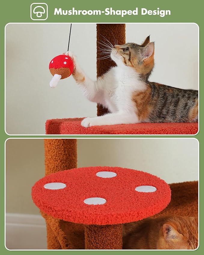 Mushroom Cat Tree Tower with Removable Scratcher, Large Hammock, Condo, Perch, 3 Sisal Posts – Multi-Level Cat Tree for Indoor Cats, Cute Cat Tower for Small Space Homes