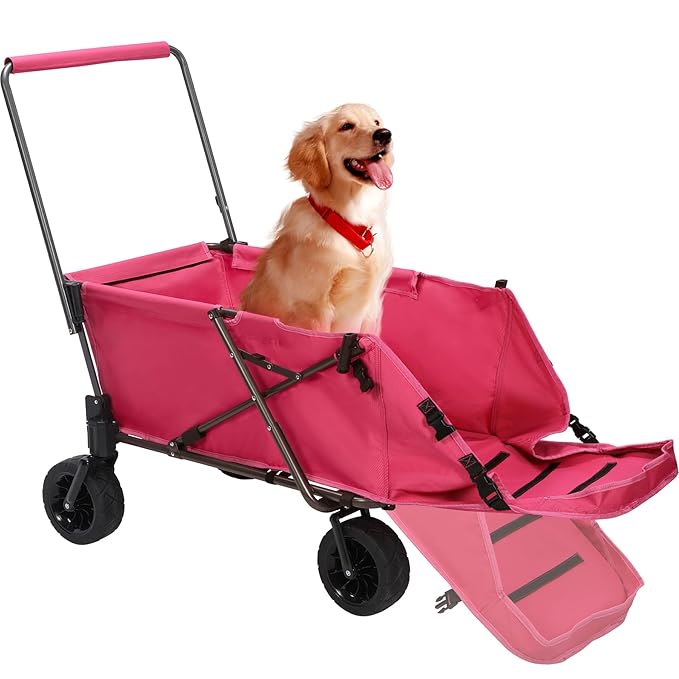 REDCAMP Folding Dog Wagon Cart with Extendable Rear End Heavy Duty, 220L Large Collapsible Utility Cart Dog Stroller with Tailgate for Sports Shopping Pet, Pink