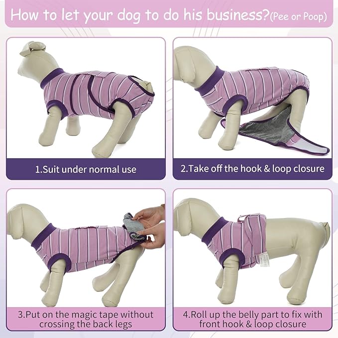Kuoser Dog Surgery Recovery Suit for Female Male Dogs, Stripes Spay Neuter Anti-Licking Dog Onesie, Abdominal Wounds Surgical Suit Snugly Pet Collar Alternative Post Surgery Vest Bodysuit, Purple M