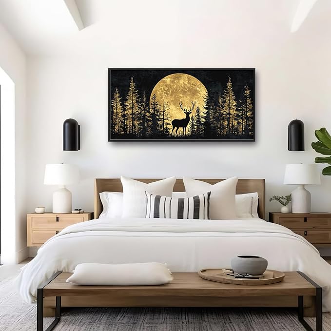 Large Moon Deer Forest Wall Art for Living Room, Black Gold Canvas Oversized Wall Decor, Elk Animal Framed Pictures Painting Print Artwork for Bedroom Office 60L" x 30W"
