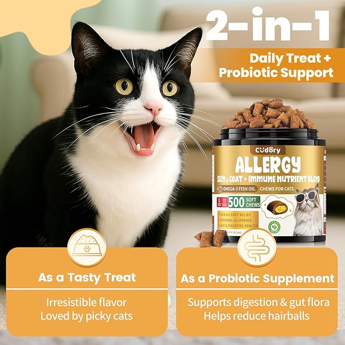 Cat Allergy Relief for Cats, Crunchy & Creamy Chews for Immune & Skin Coat Support – Seasonal Allergies, Itching Relief, Omega 3 & Probiotic Natural Supplement for Cats, Chicken Flavor – 500 Chews