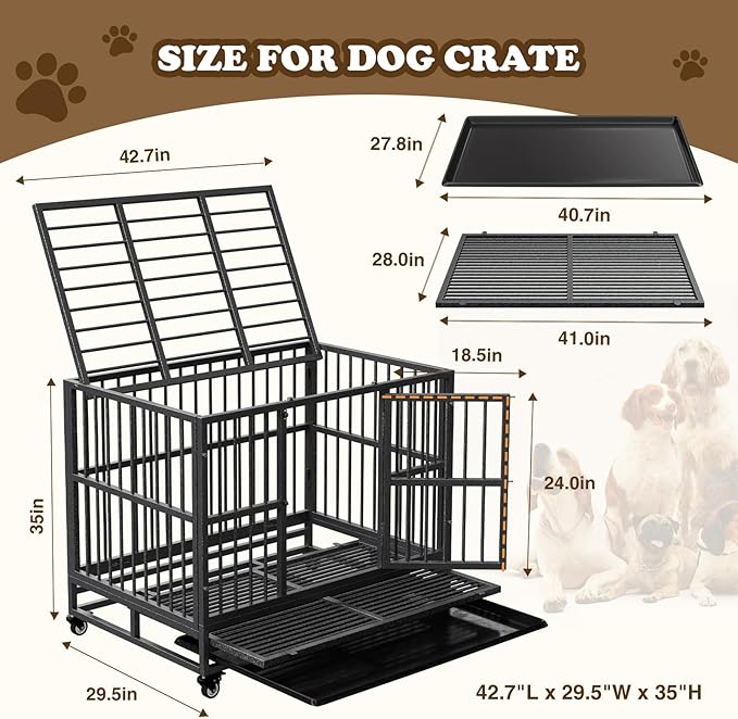 Dog Crate with Removable Tray, 37/42/46 Inch Indestructible and Escape Proof Steel Dog Cage Kennel for High Anxiety Dogs, Heavy Duty Dog Crate with Wheels, Double Door, Extra Large XL XXL