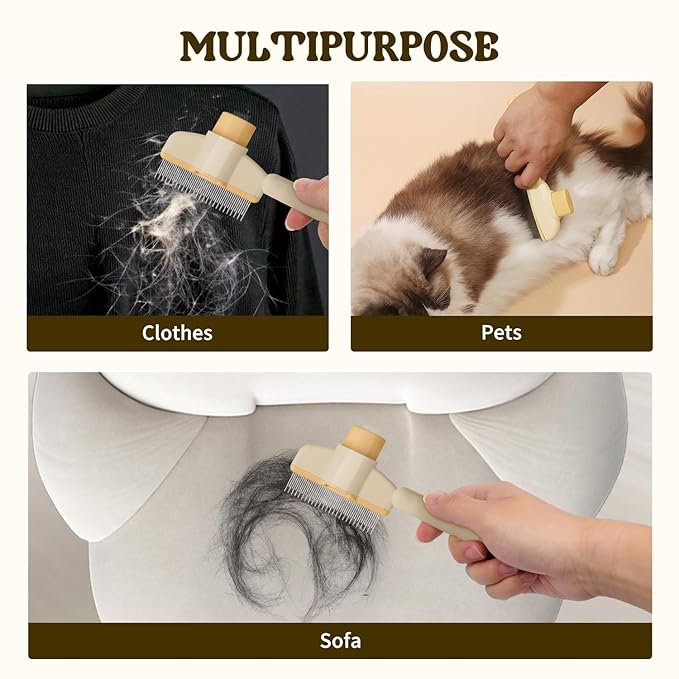 Pet Hair Removal Comb Flea Comb, 2025 New Cat Grooming Brush with Release Button, De-Shedding Cat Brush for Short and Long Hair Cats (Yellow+Green)