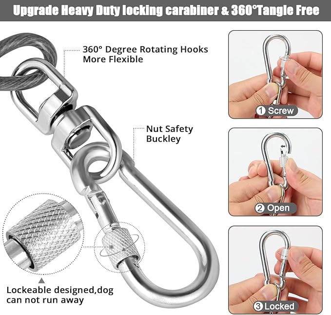 Jenico Dog Tie Out Cable - 10/15/20/30/40/50/70/100/150FT Runner Cable with Swivel Hook and Shock Spring, Outdoor and Camping Dog Leash Run Tether for Small to Medium Pets Up to 500 LBS