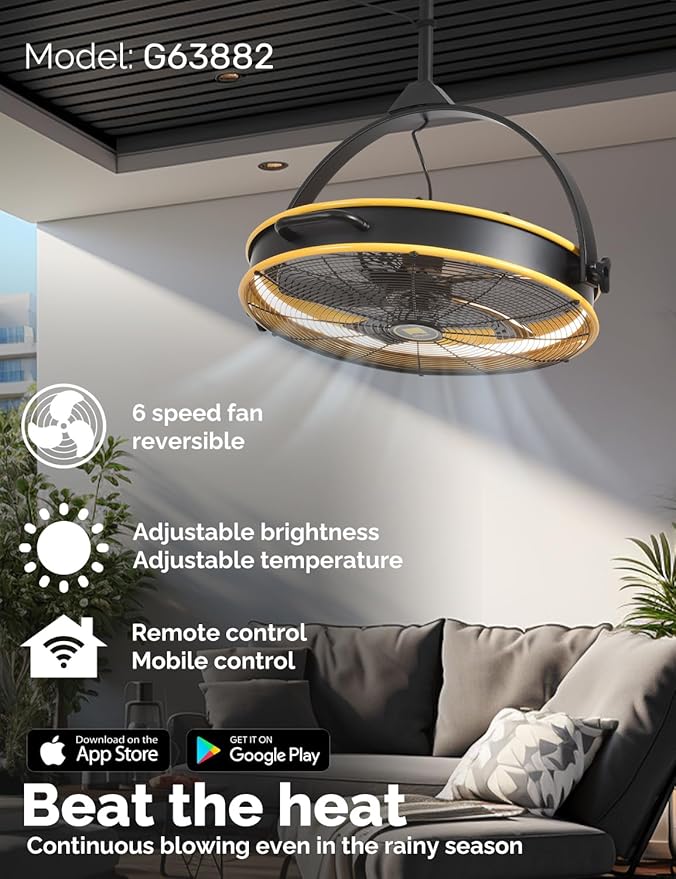 Orison 24.8'' Outdoor/Indoor Garage Ceiling Fan, 6 Speed Ceiling Mounted Plug-In Cord Garage Fan with Remote&APP, Manual Vertical Rotation, Hook hanging for Gazebo, Patio, Yellow&Black