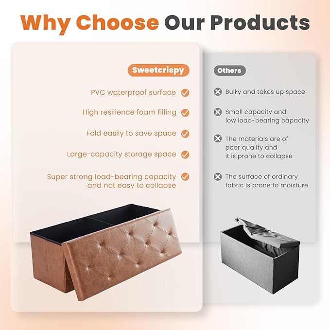 Sweetcrispy 43 Inches Folding Ottoman with Storage Bench, Foot Rest Stool, End of Bed Storage Bench Upholstered, Load 660 lbs, for Living Room, Synthetic Leather, Brown
